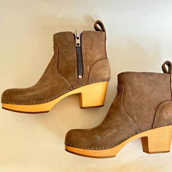 Swedish Hasbeens Boots Heel Zip It Emy Clog Toffel Ankle Taupe Tan Suede 38 8 - Picture 3 of 14